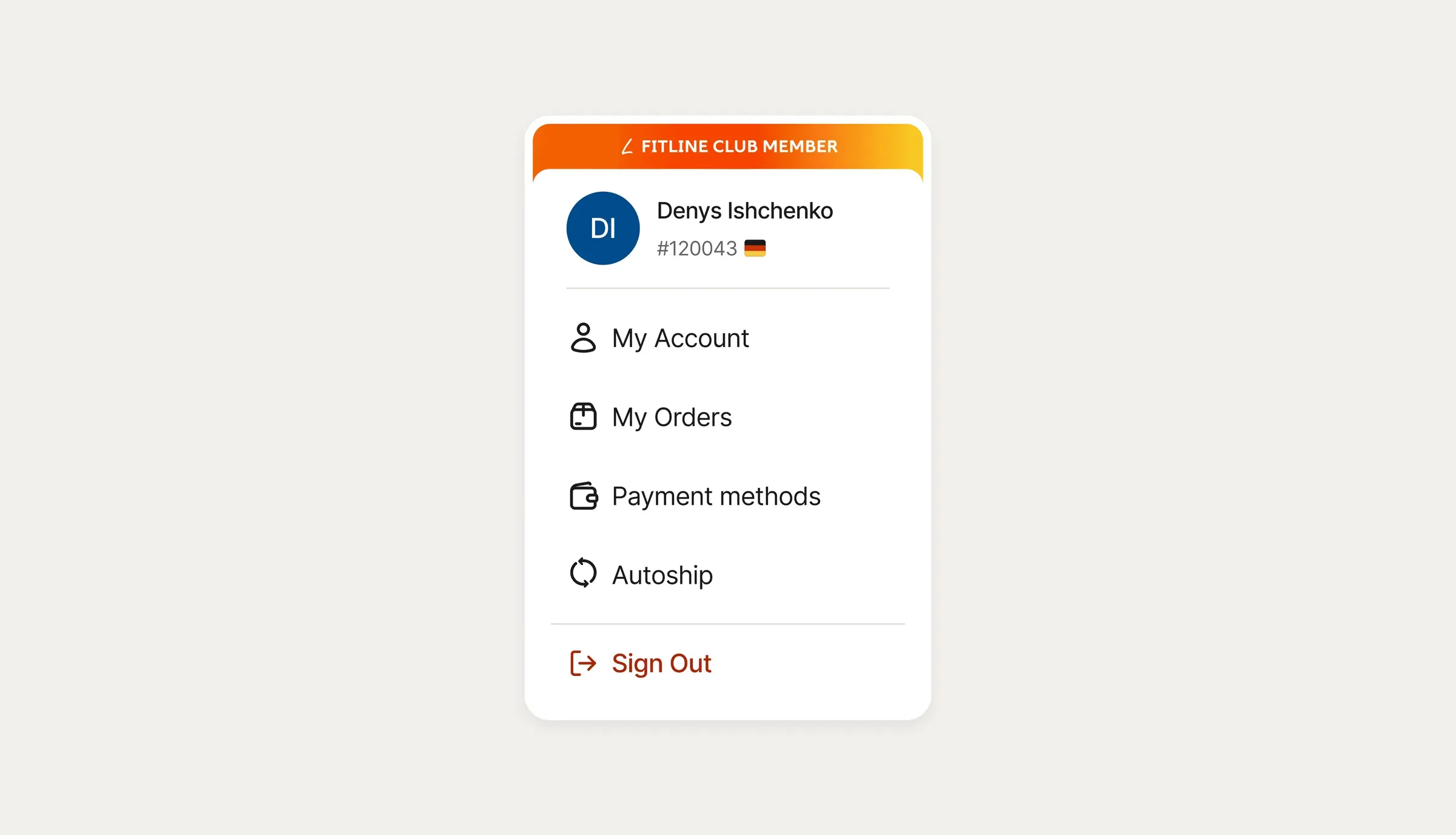 The signed-in account menu, showing FitLine Club membership, orders, payment methods and autoship.