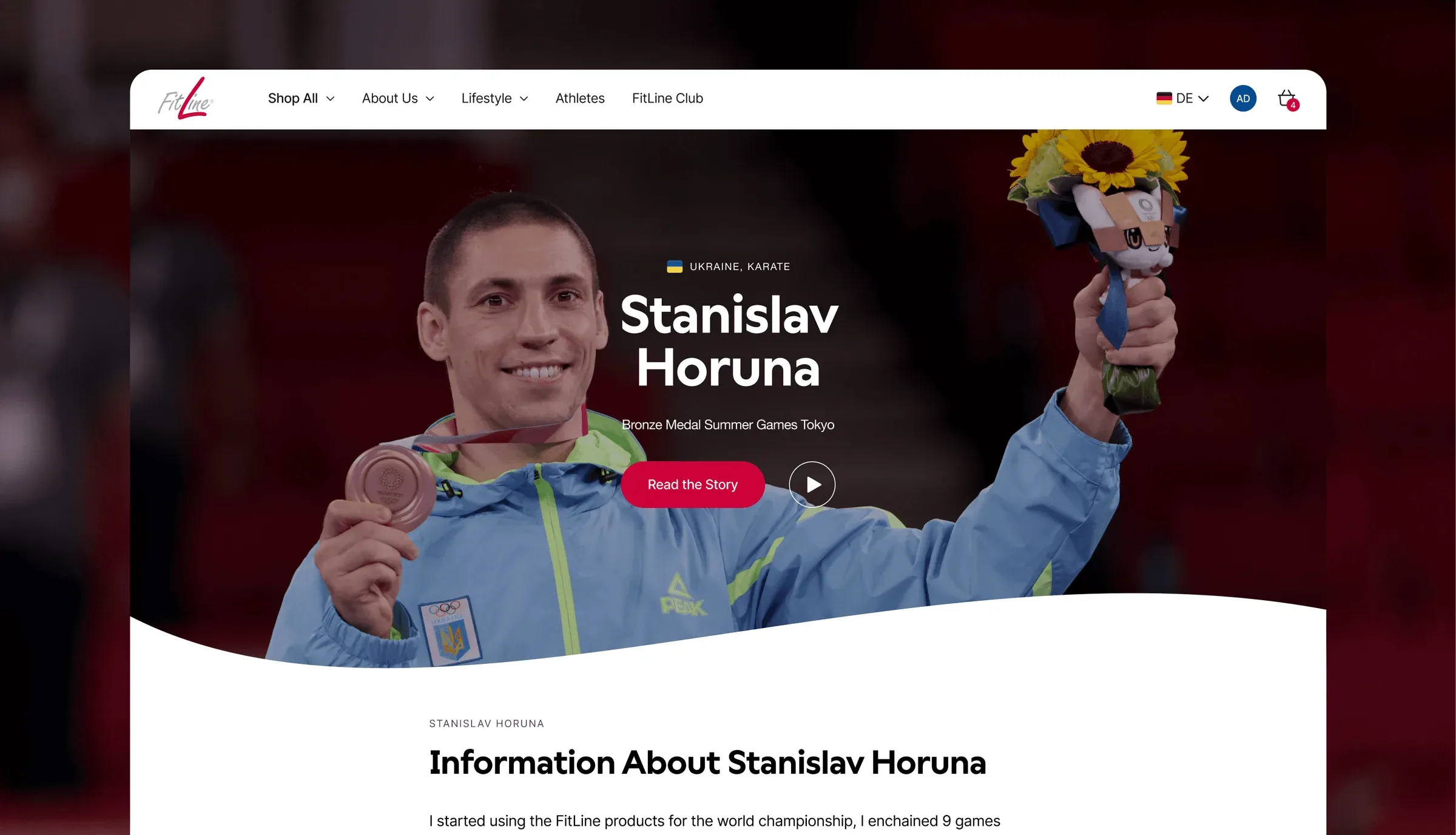 An athlete story page for Stanislav Horuna, with a full-bleed portrait and an article below.