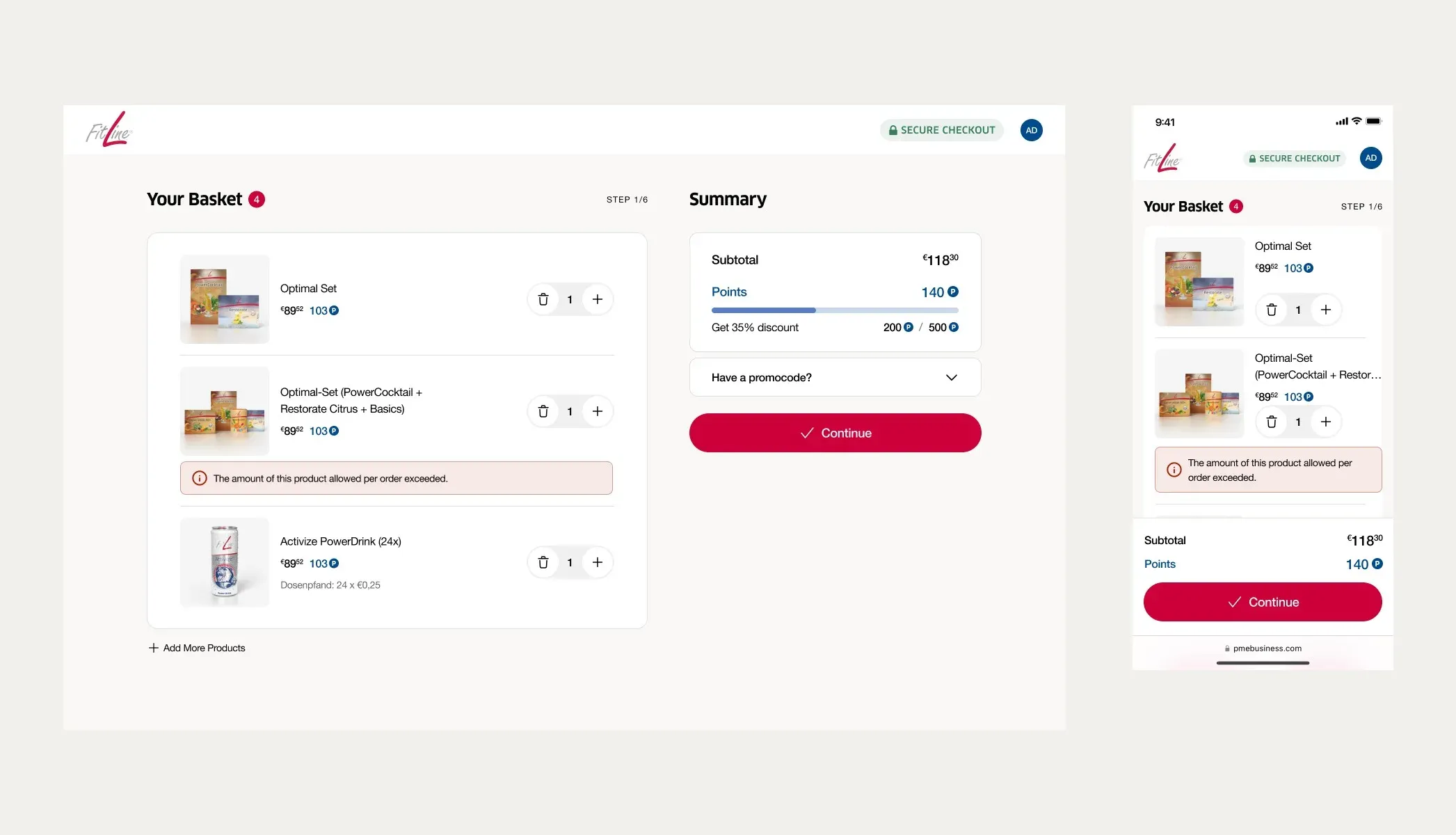 The basket step of checkout on desktop and mobile, with line items, an order summary and a promo code field.