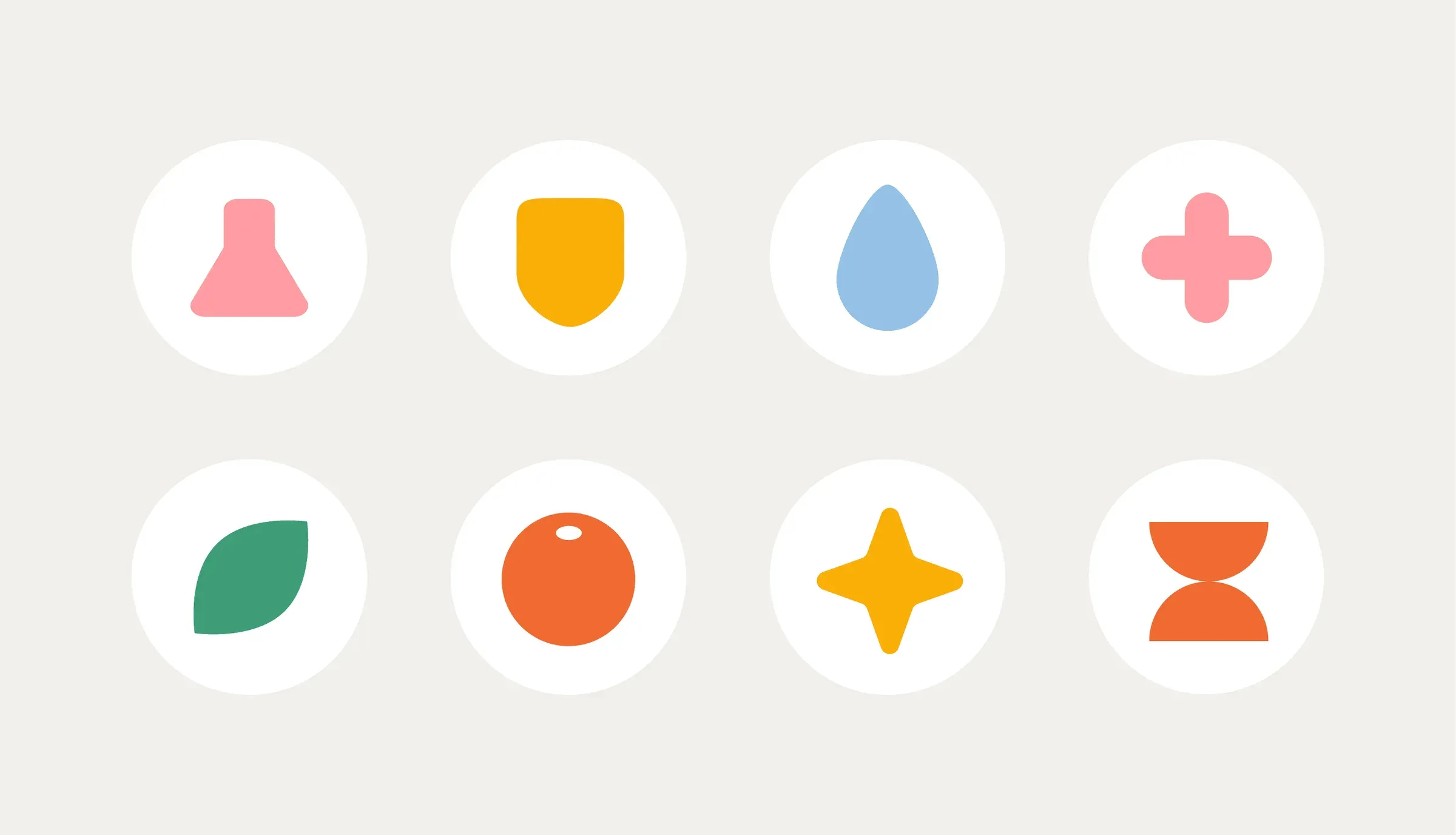 Eight product-category icons from the design system, each a flat shape on a white circle.