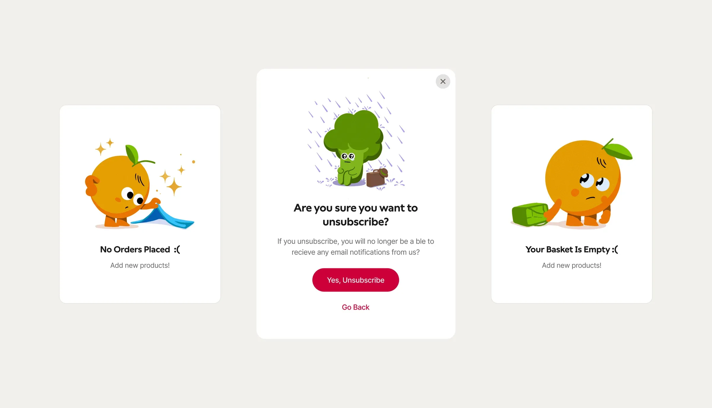 Three empty states using the custom fruit and vegetable mascots: no orders, unsubscribe confirmation and an empty basket.