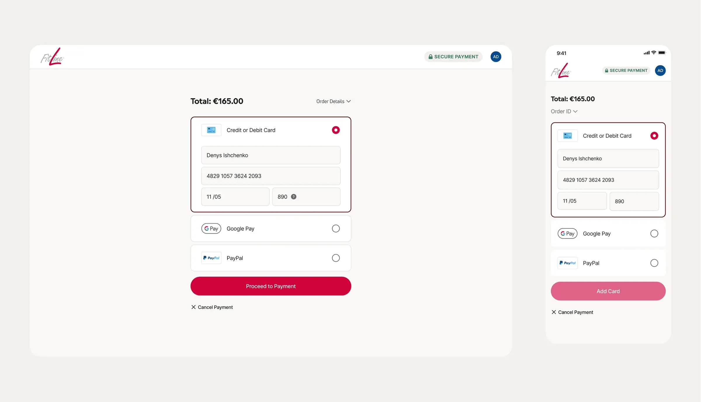 The payment step on desktop and mobile, with card details, Google Pay and PayPal.