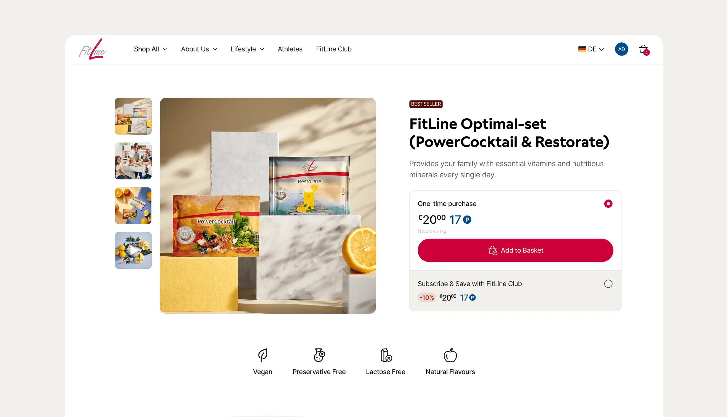 A product page for the FitLine Optimal-set, with a gallery, price, points and purchase options.