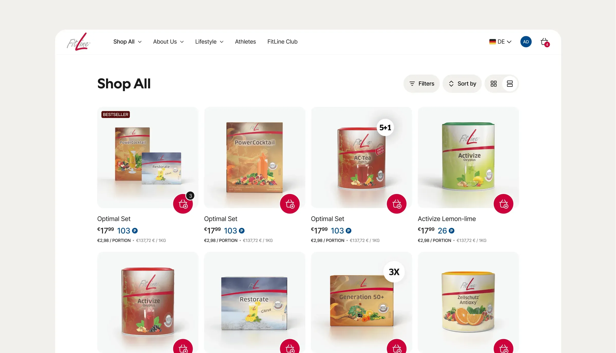 The Shop All listing, with filters, sort controls and a grid of product cards.