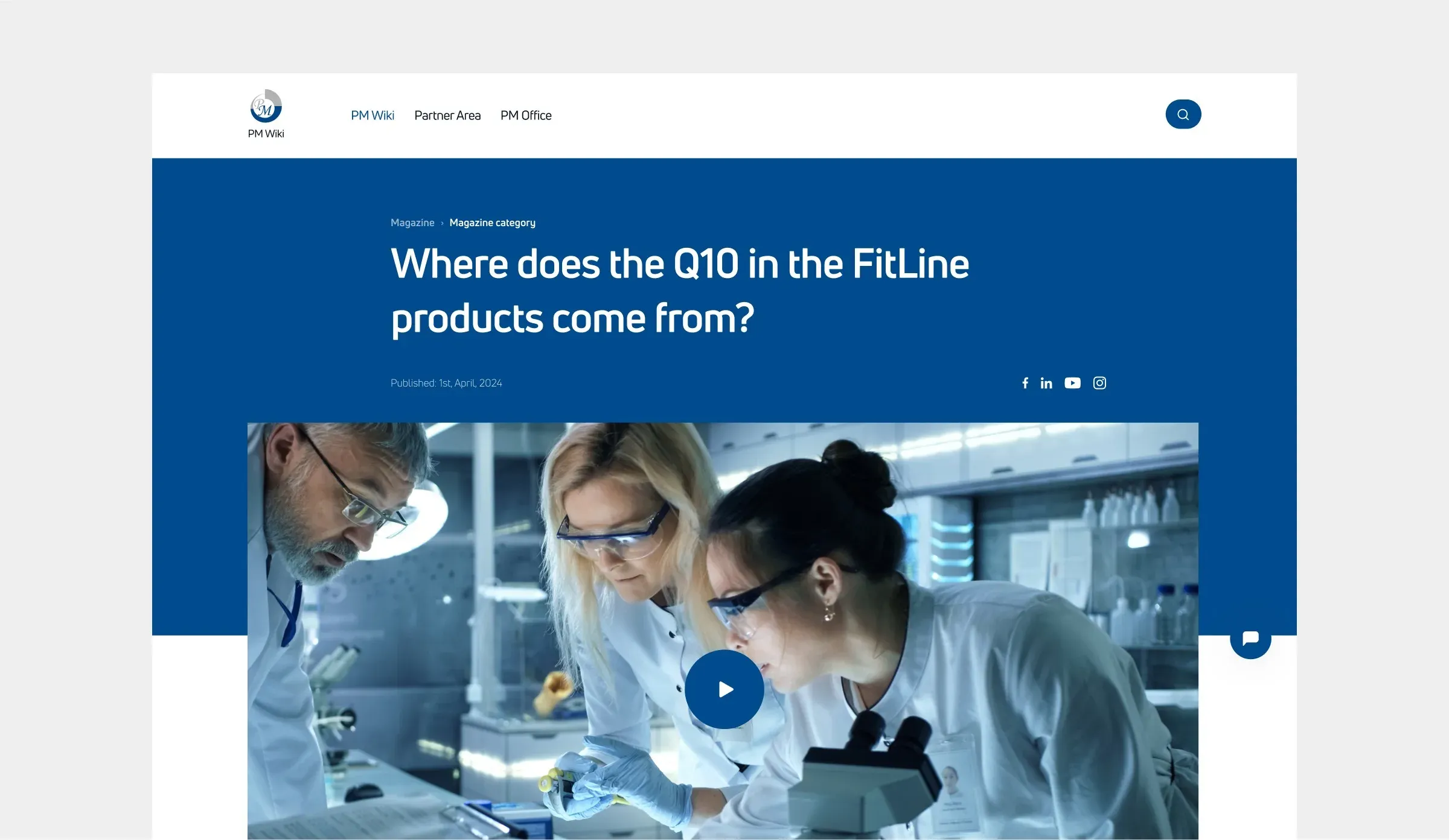An article page answering where the Q10 in FitLine products comes from, with a video still.