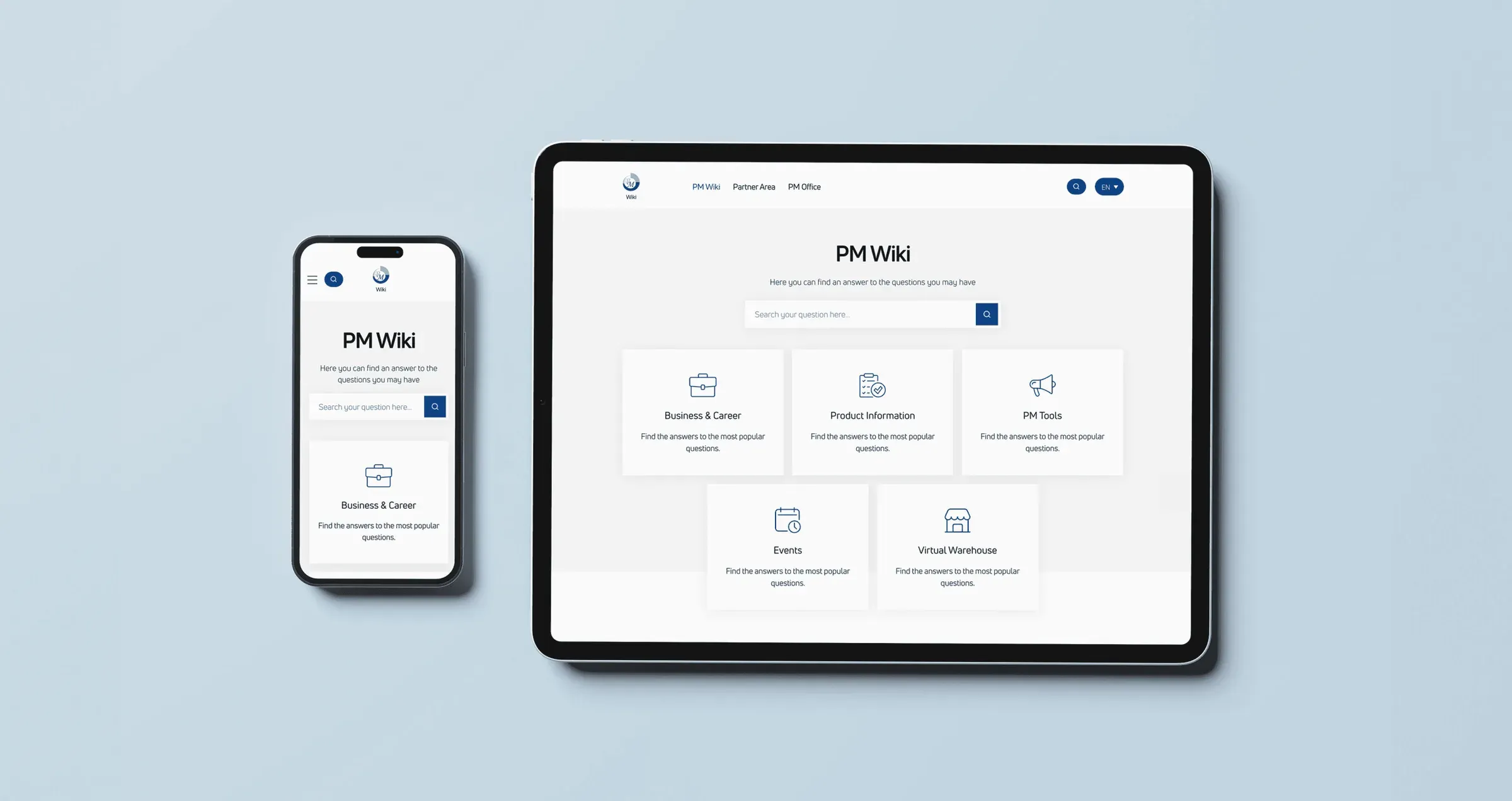 PM Wiki shown side by side on a phone and a tablet.