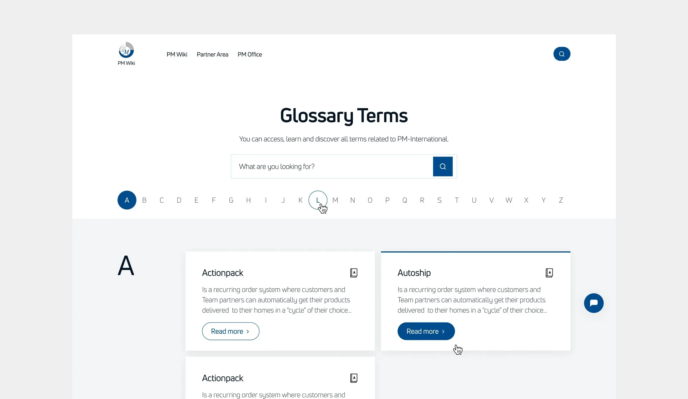 The glossary screen, listing terms alphabetically with an A–Z filter.