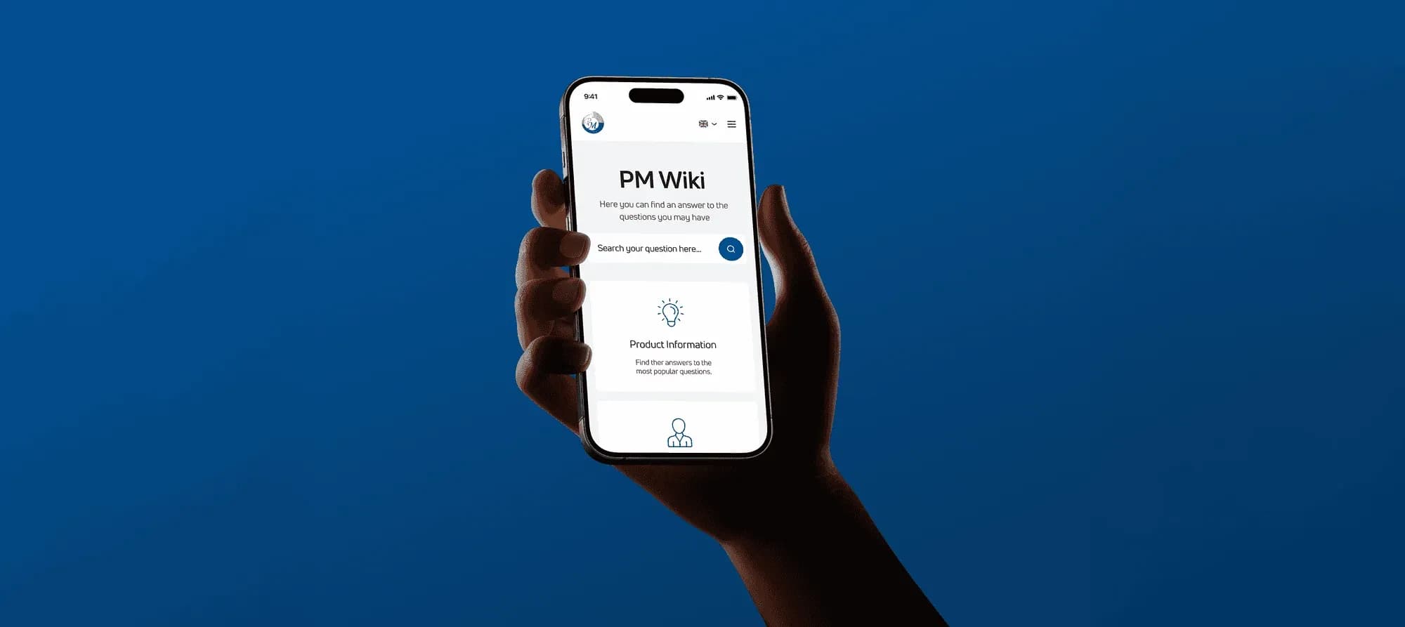 The PM Wiki help centre open on a phone, held in one hand against a blue background.