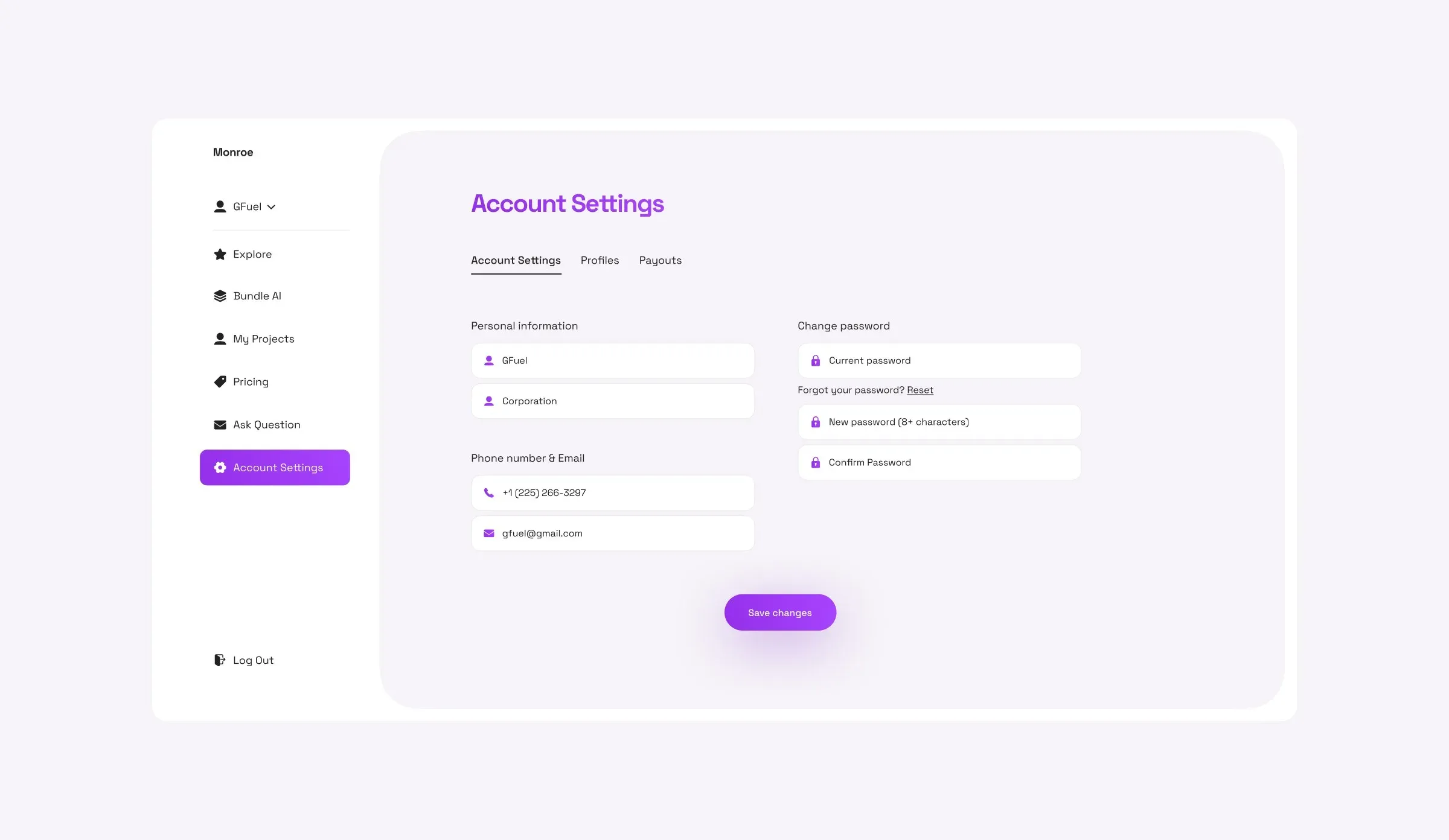Account settings, with personal information on the left and password and notification controls on the right.