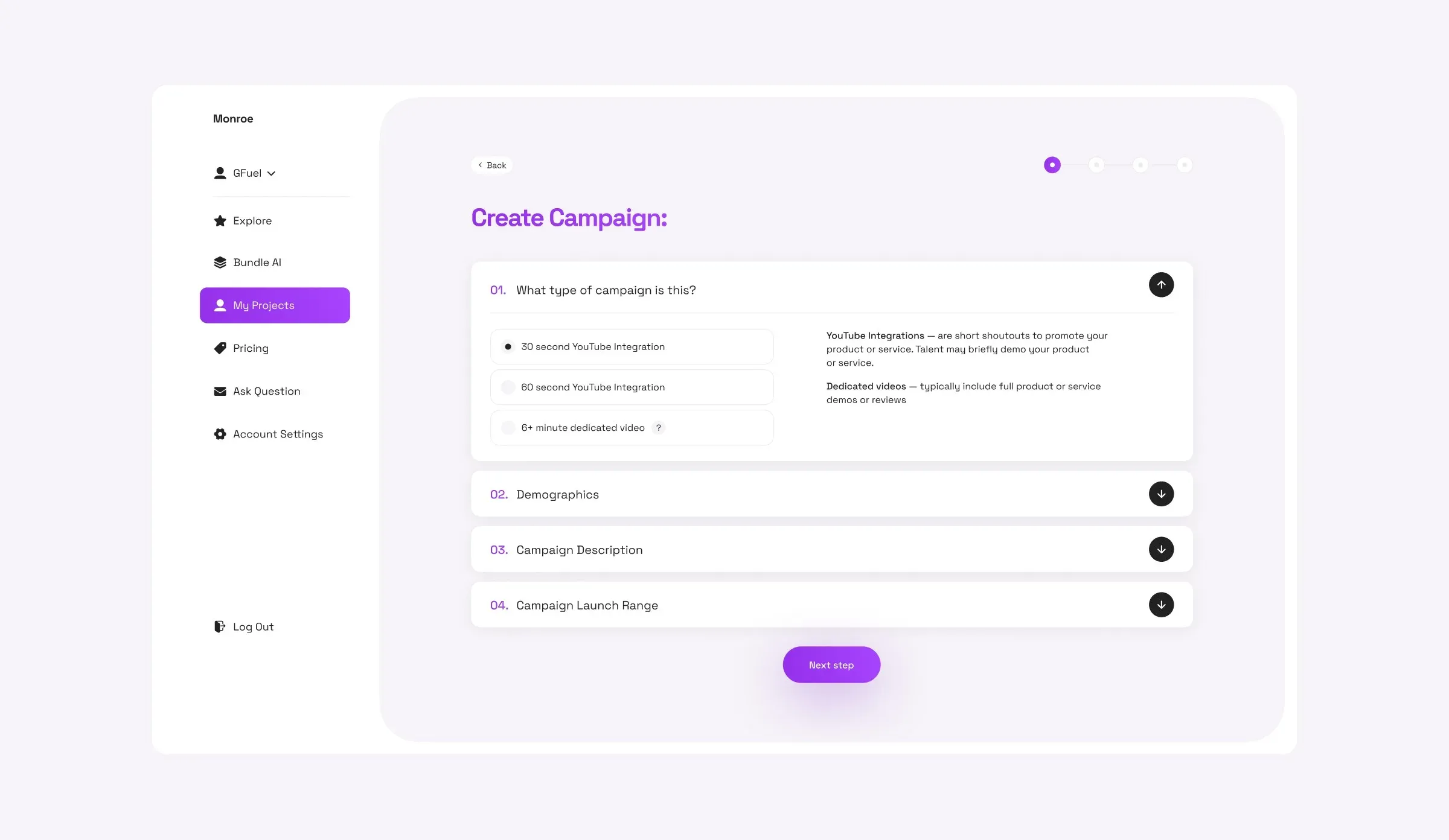 The Create Campaign flow, with a step-by-step form for campaign type, demographics and launch range.