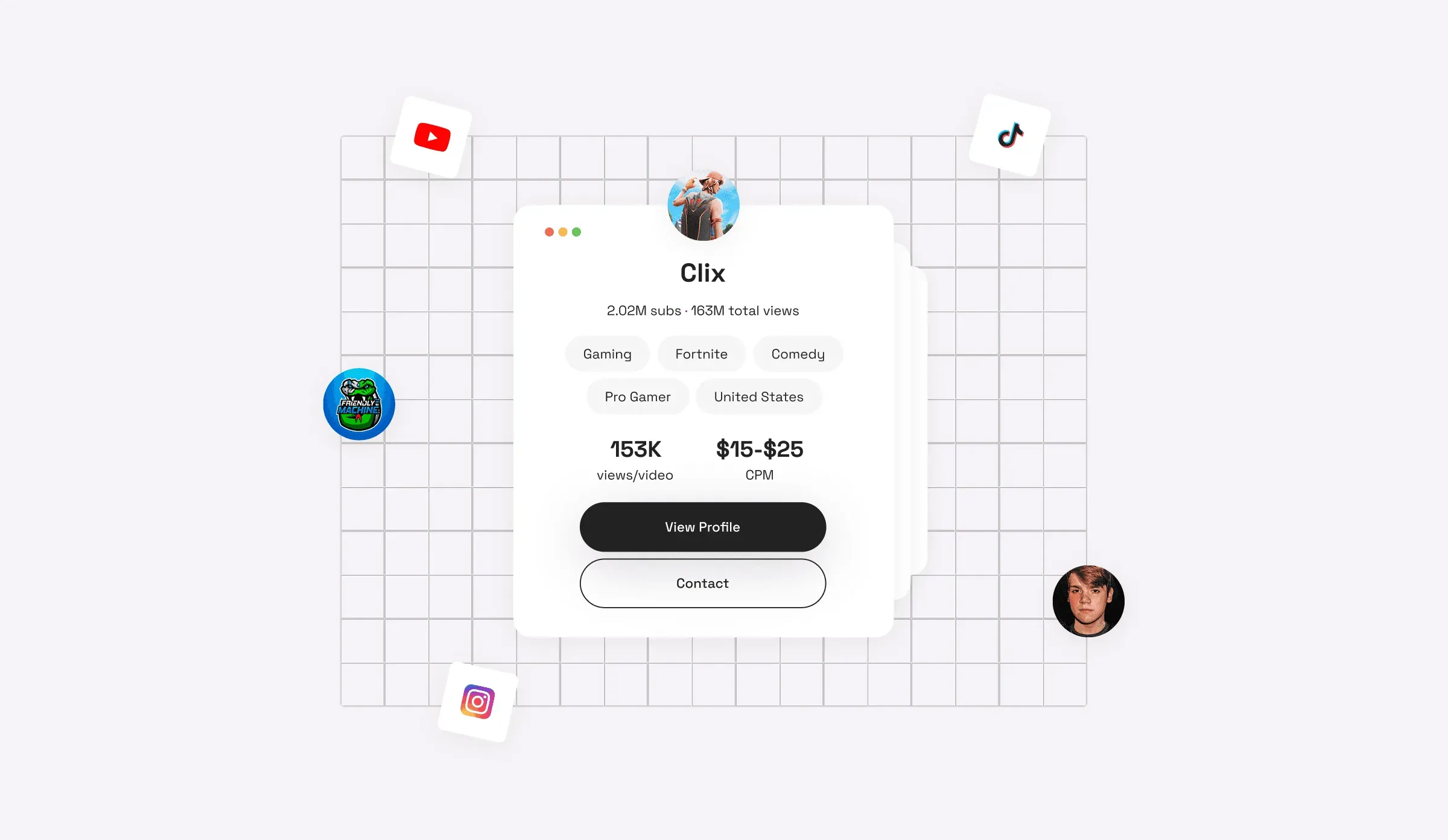 A creator card in discovery, showing subscriber and view counts, categories and a rate range.