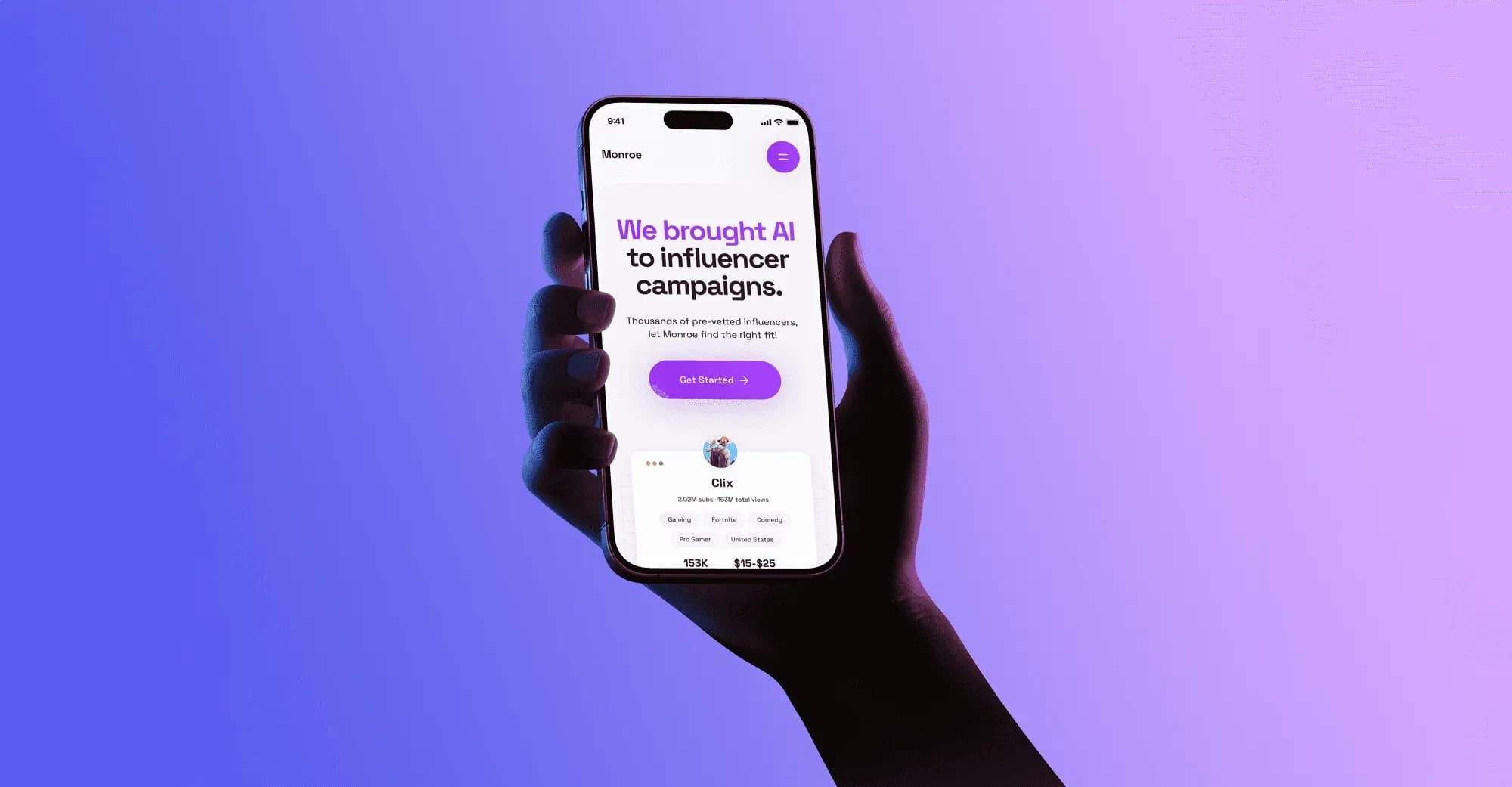 The Monroe app open on a phone held in one hand, against a purple gradient.