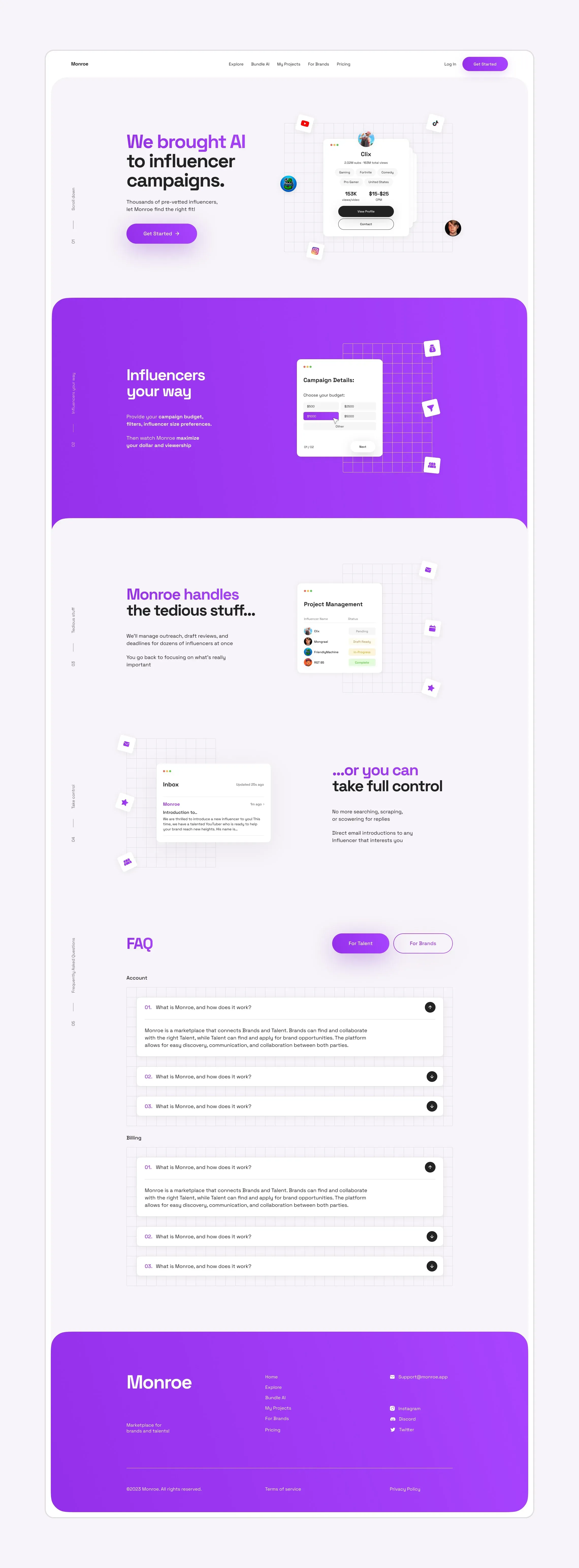 The Monroe marketing site in full, from the “We brought AI to influencer campaigns” hero down to the FAQ and footer.