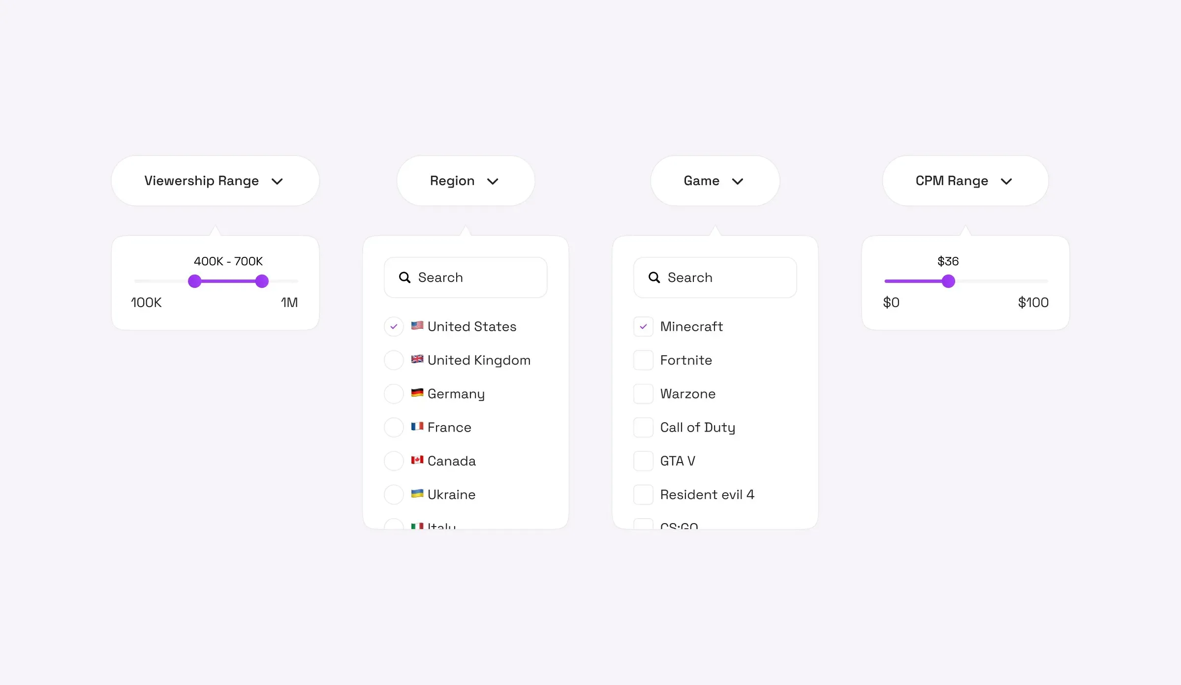 Monroe's UI elements: dropdowns, range sliders, search fields and filter lists.