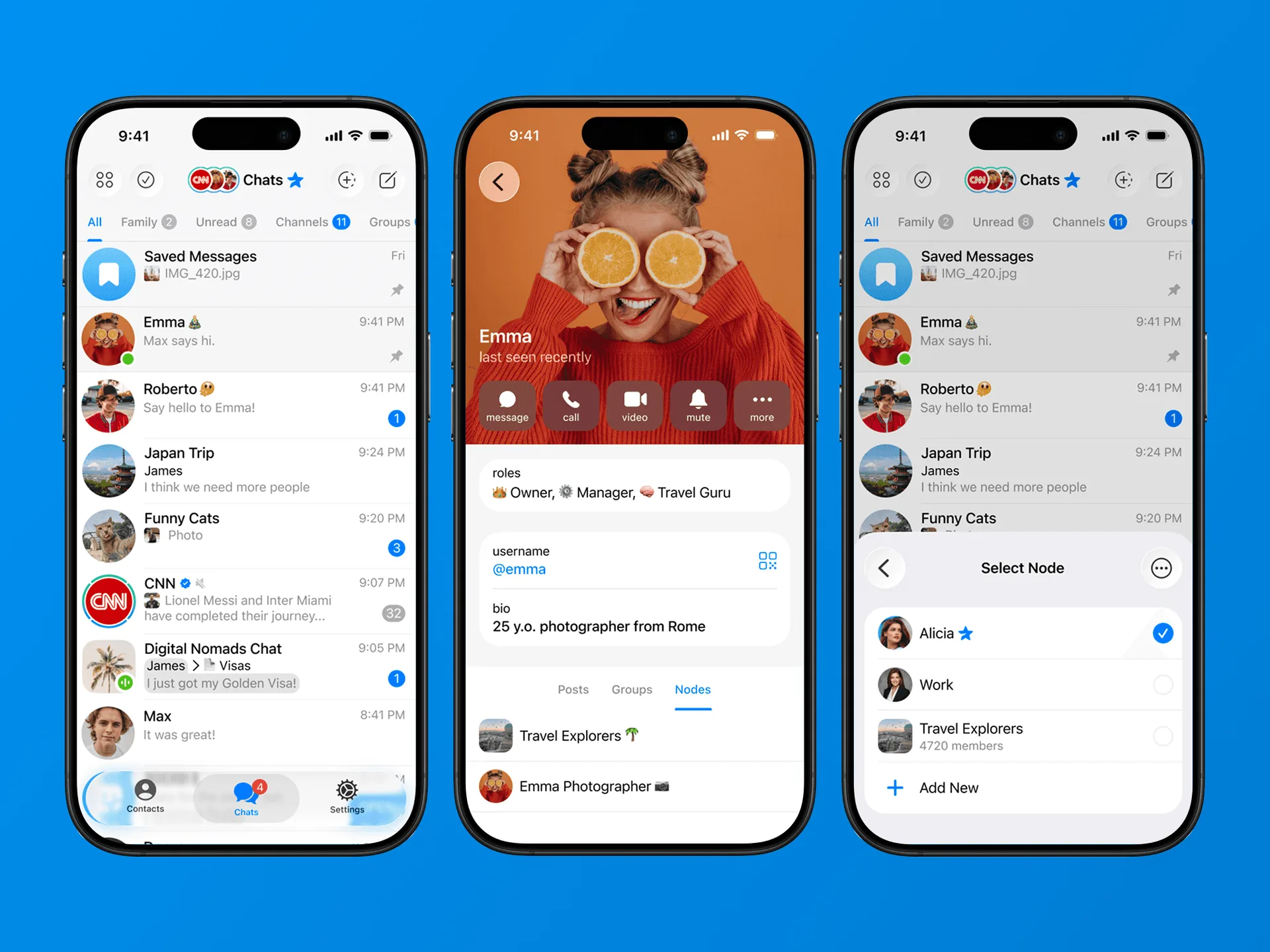 Telegram Nodes concept on three phone screens over bright blue — the chat list, a Node member's profile with roles, and the Select Node switcher.
