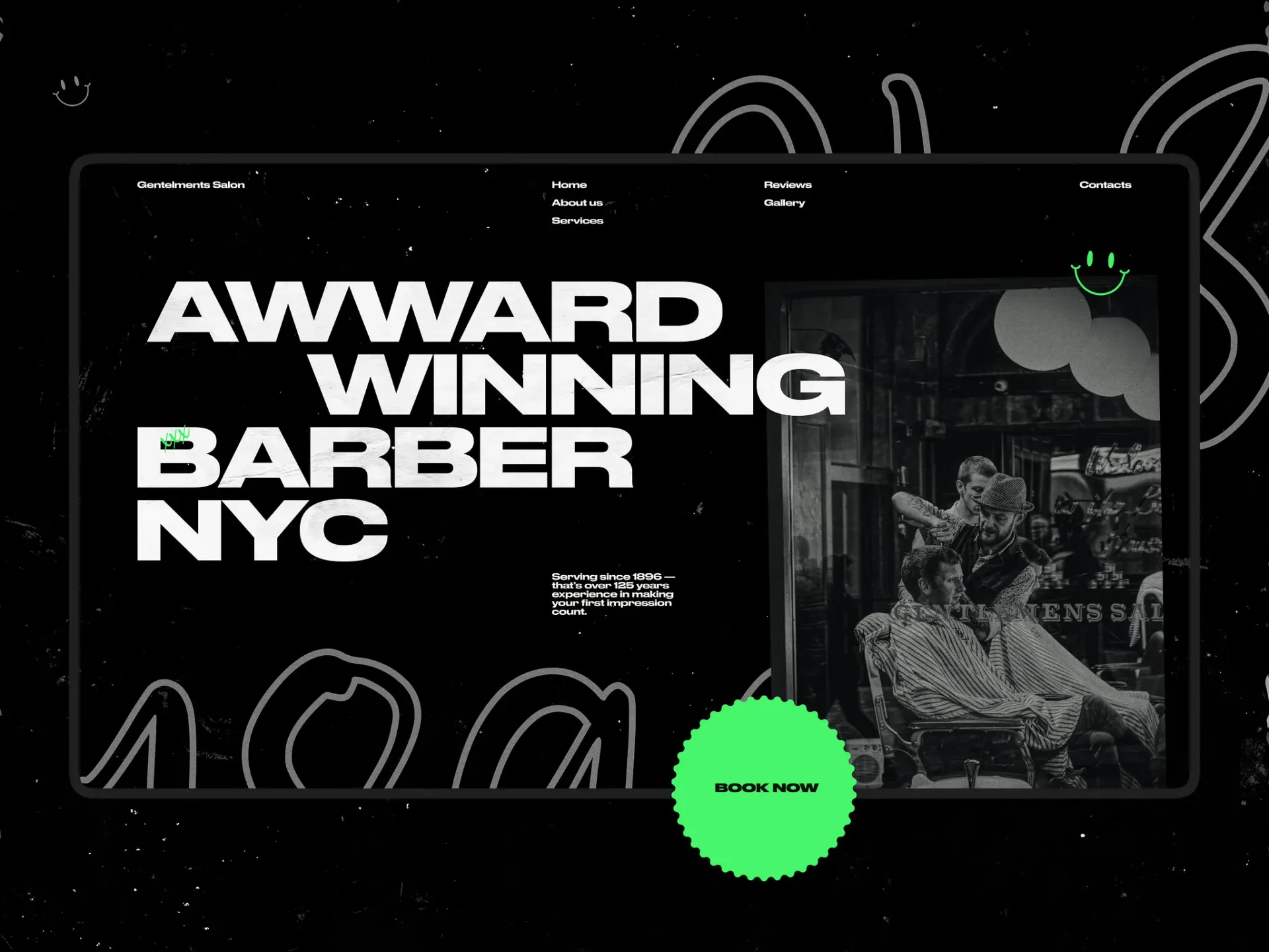 Barber shop landing page for a New York studio, black with hand-drawn line art and a lime “Book now” badge.