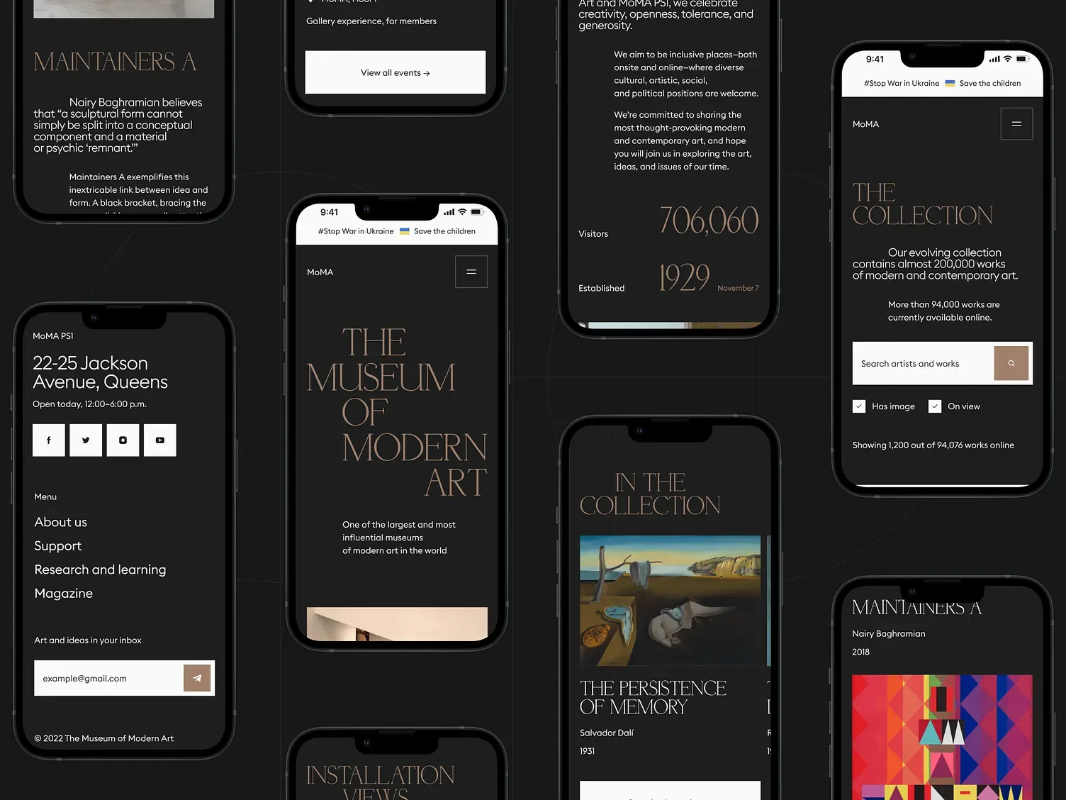 Museum of Modern Art concept across desktop and mobile screens in warm greys.