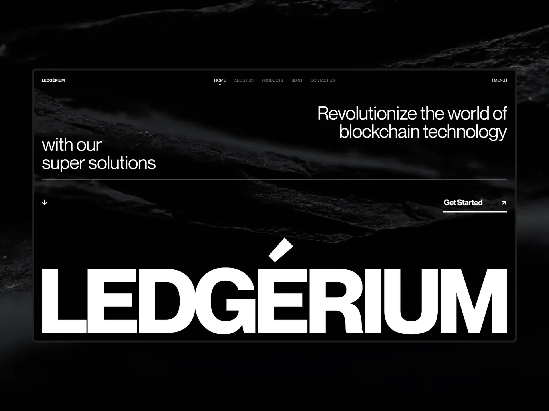 Ledgérium blockchain landing page, dark rock texture behind oversized display type.