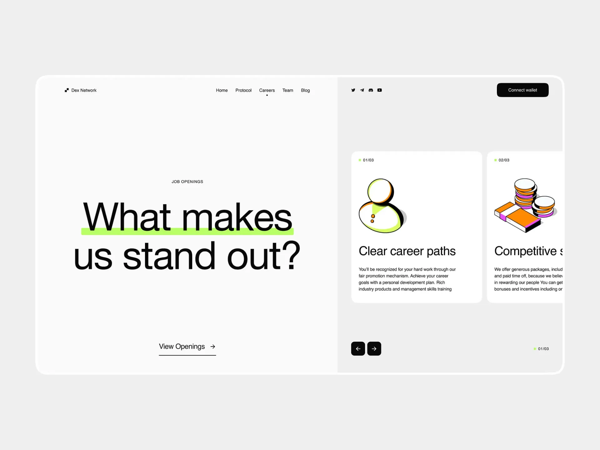 Dex Network careers page — “What makes us stand out?” beside illustrated benefit cards.
