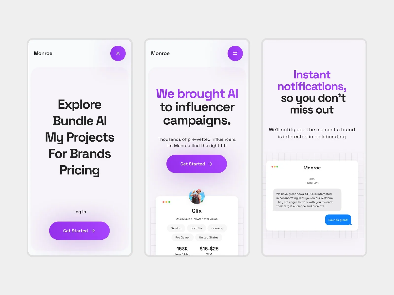 Monroe influencer platform on three phone screens in violet — menu, AI campaign pitch, and notifications.