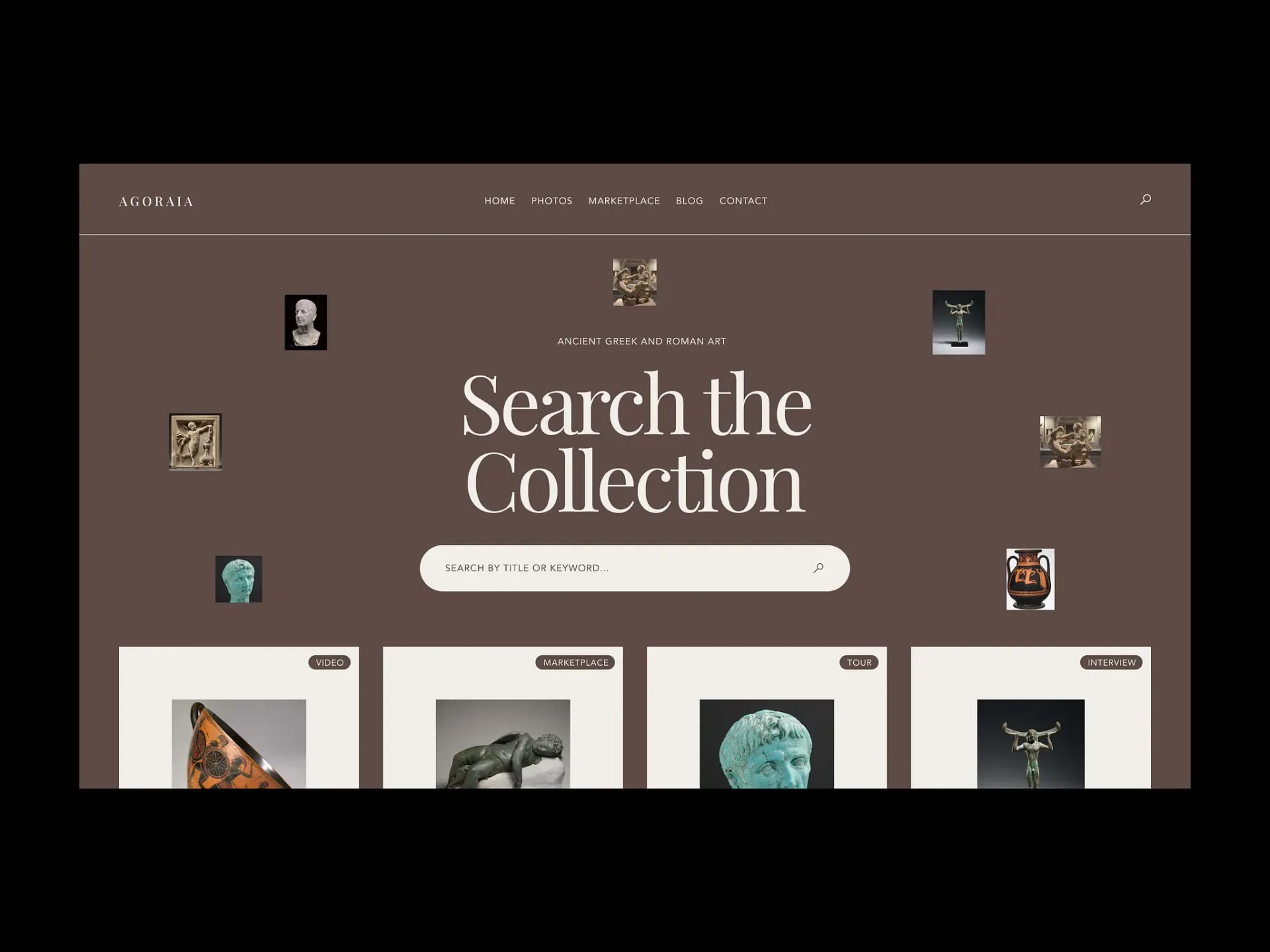 Agoraia collection search page for Greek and Roman antiquities, artefacts floating on warm brown.