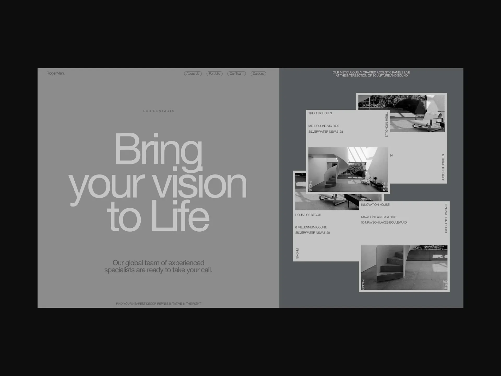 Property studio landing page in greyscale — “Bring your vision to Life” beside stacked listing cards.