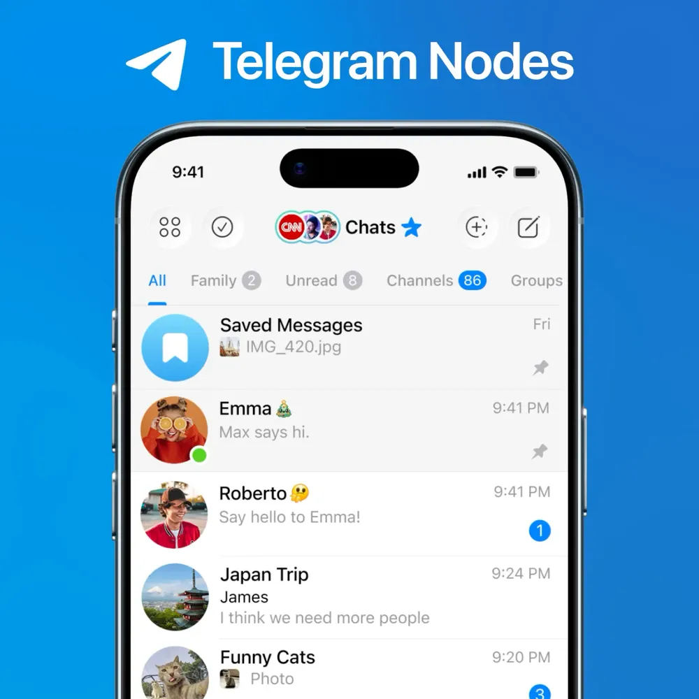 The Telegram Nodes concept on an iPhone, under a Telegram Nodes title card.